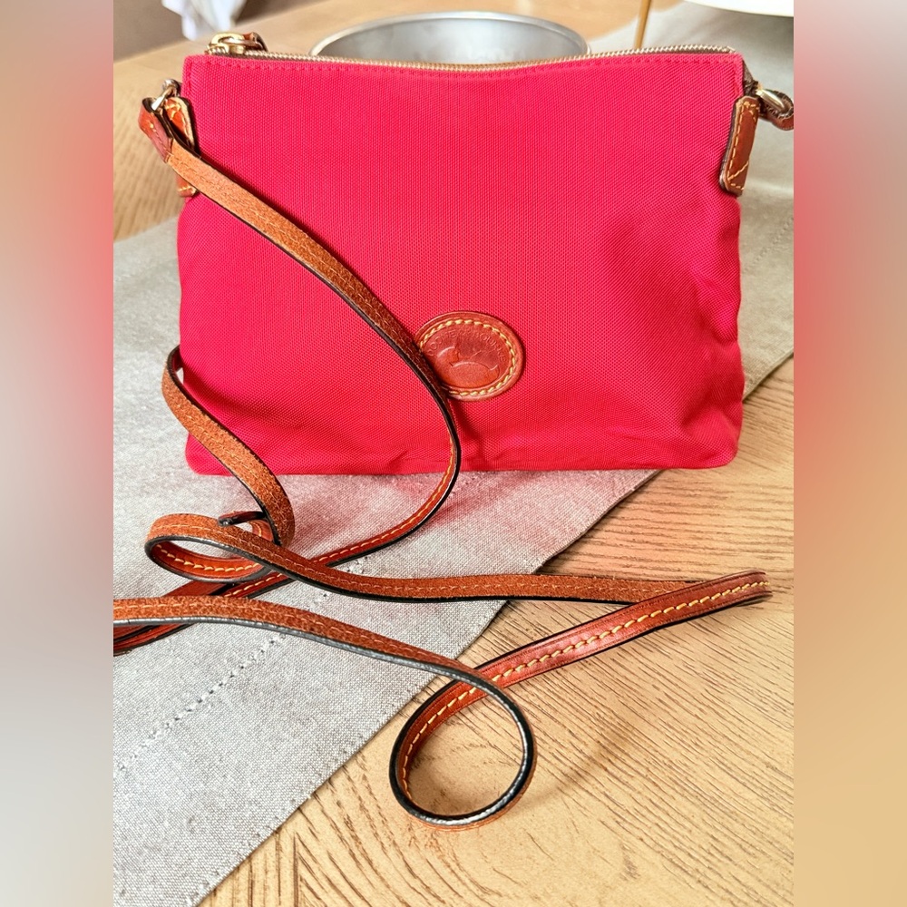 Dooney & Bourke Red Nylon Crossbody Pouchette Shoulder Bag Brown Leather Strap